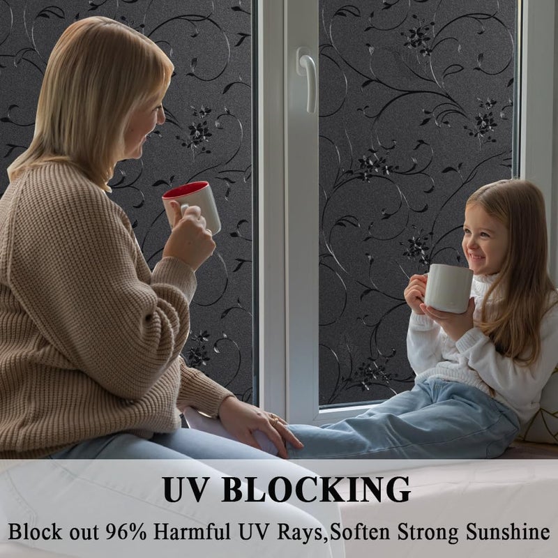 Mikomer Total Blackout Window Film,100% Light Blocking Privacy Glass Door Film Etched Flowers,Room Darkening Window Cling,No Glue/Heat Control/Anti UV for Day Sleep & High Privacy,35In. by 118In. - Image 4